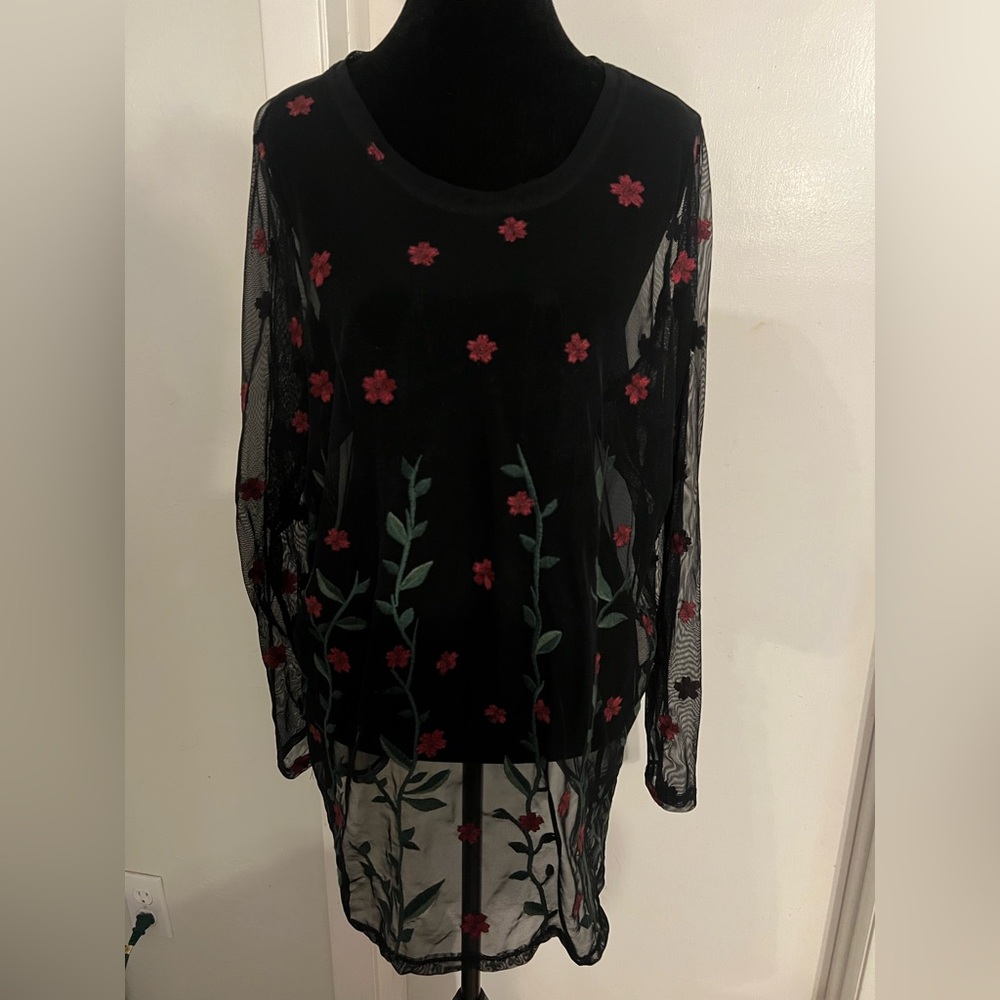 Torrid Black Sheer Top w/ embroidered flowers